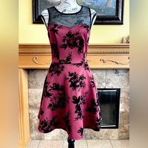 Burgundy, mini dress with velvety flowers